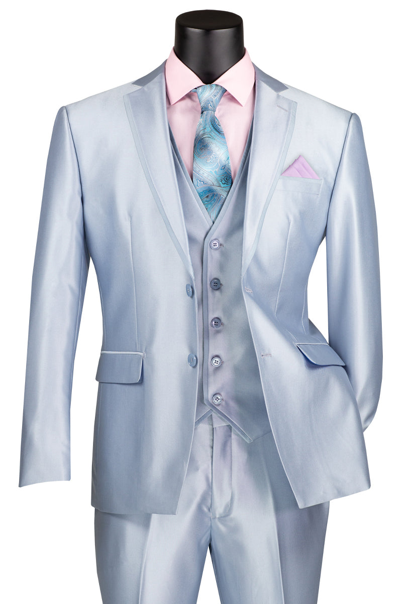 Men's Vested Slim Fit Shiny Sharkskin Wedding & Prom Tuxedo Suit in Light Blue