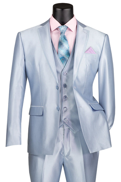 Men's Vested Slim Fit Shiny Sharkskin Wedding & Prom Tuxedo Suit in Light Blue
