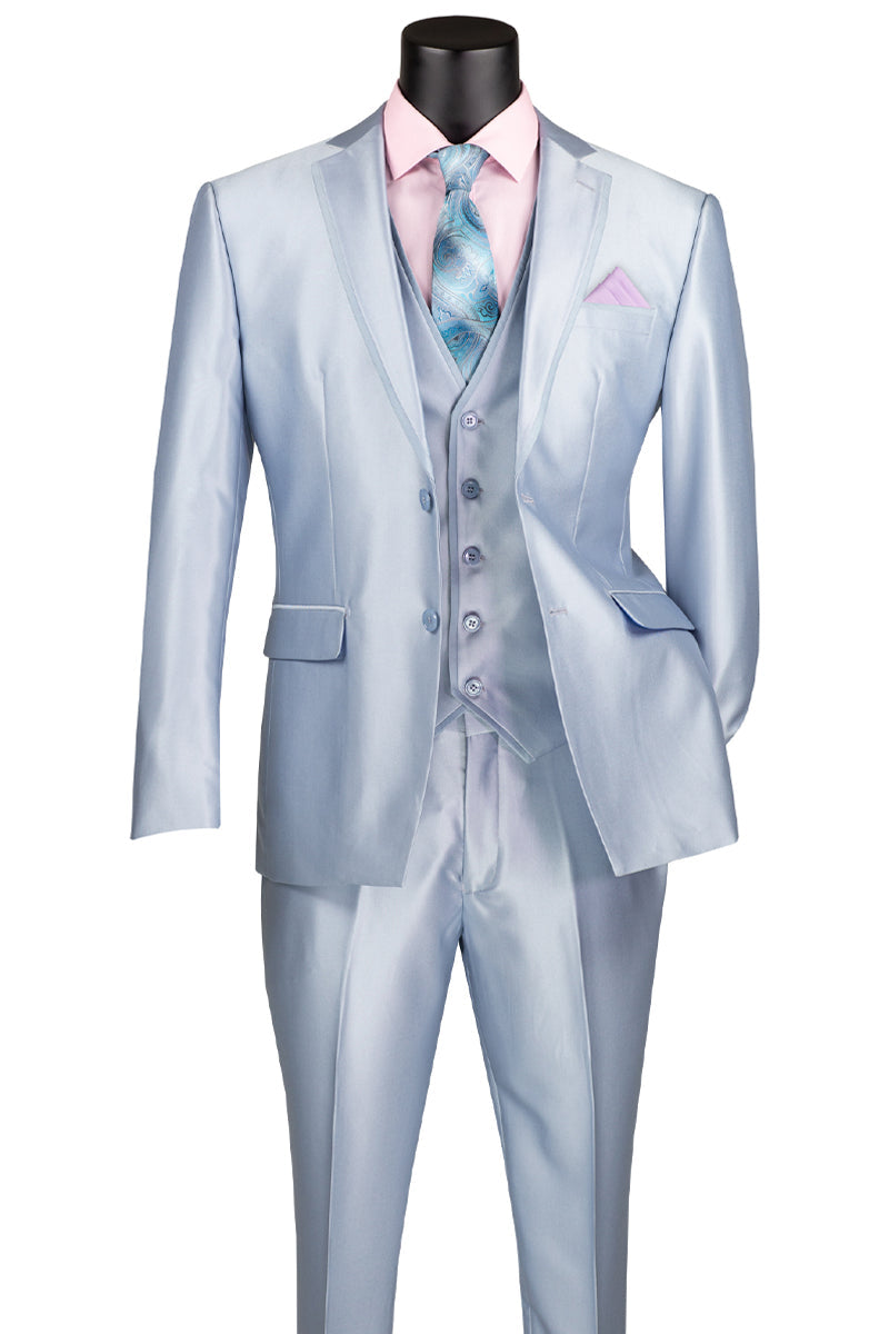 Men's Vested Slim Fit Shiny Sharkskin Wedding & Prom Tuxedo Suit in Light Blue