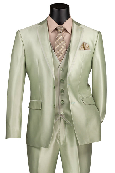 Men's Vested Slim Fit Shiny Sharkskin Wedding & Prom Tuxedo Suit in Light Sage Green