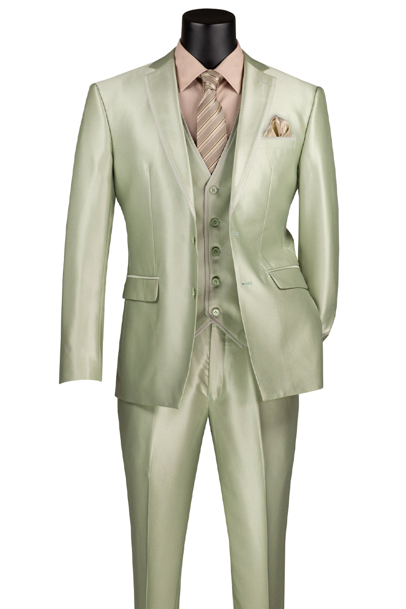 Men's Vested Slim Fit Shiny Sharkskin Wedding & Prom Tuxedo Suit in Light Sage Green