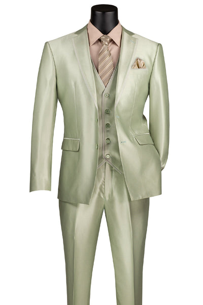 Men's Vested Slim Fit Shiny Sharkskin Wedding & Prom Tuxedo Suit in Light Sage Green