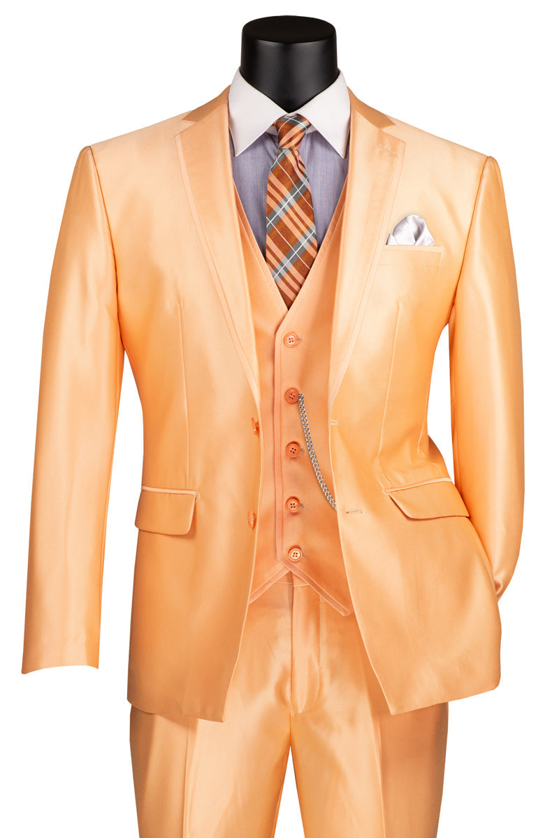Men's Vested Slim Fit Shiny Sharkskin Wedding & Prom Tuxedo Suit in Orange
