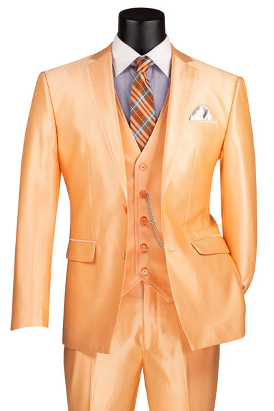 Men's Vested Slim Fit Shiny Sharkskin Wedding & Prom Tuxedo Suit in Orange