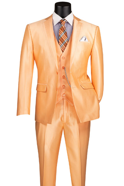 Men's Vested Slim Fit Shiny Sharkskin Wedding & Prom Tuxedo Suit in Orange