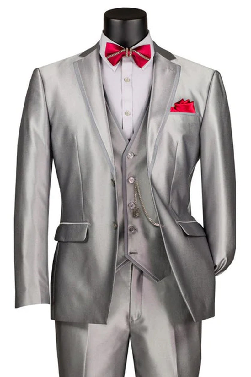 Men's Vested Slim Fit Shiny Sharkskin Wedding & Prom Tuxedo Suit in Silver Grey