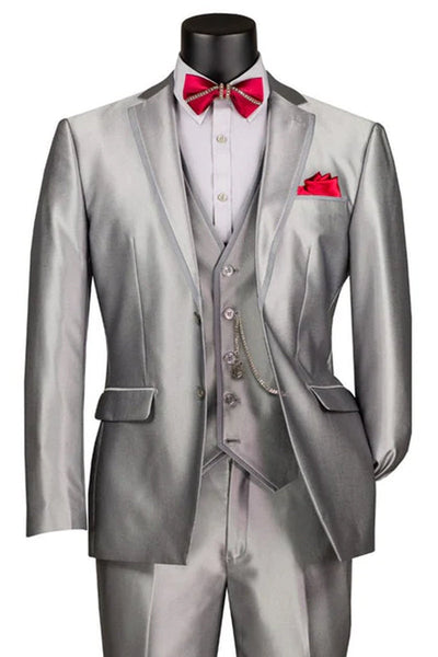 Men's Vested Slim Fit Shiny Sharkskin Wedding & Prom Tuxedo Suit in Silver Grey