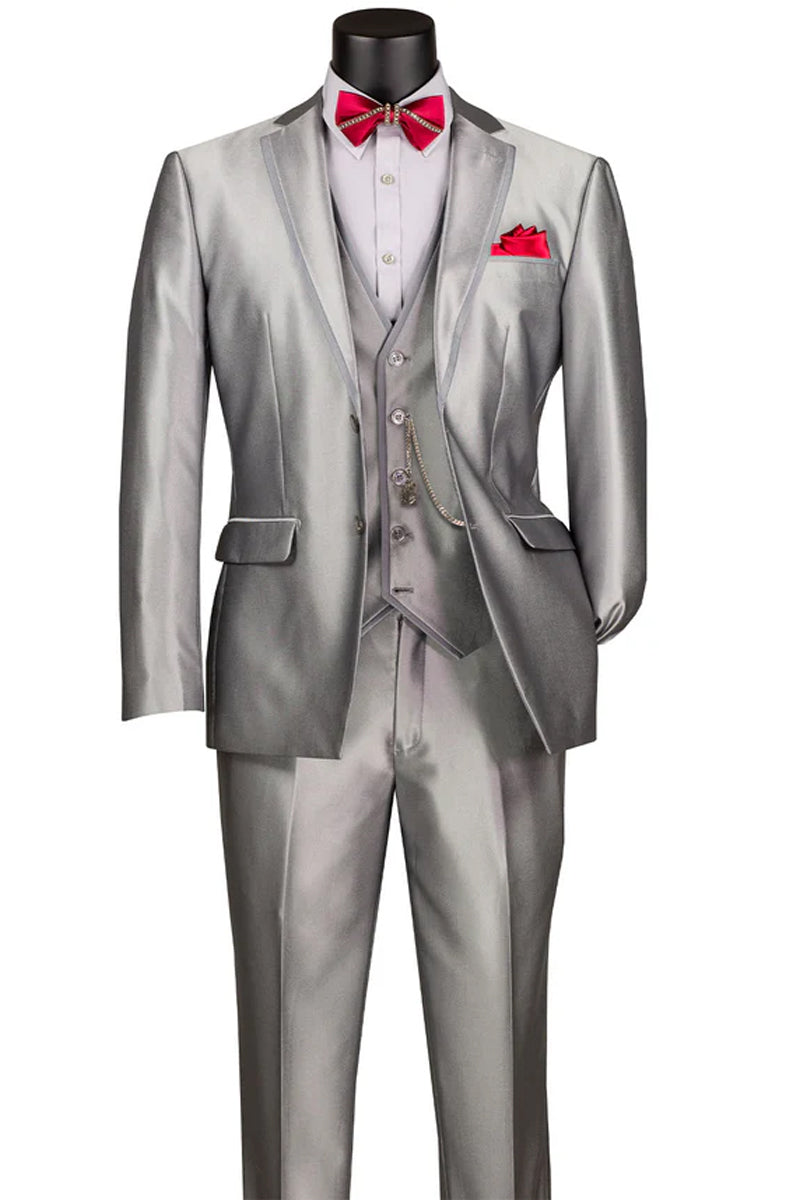 Men's Vested Slim Fit Shiny Sharkskin Wedding & Prom Tuxedo Suit in Silver Grey