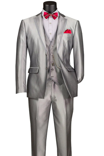 Men's Vested Slim Fit Shiny Sharkskin Wedding & Prom Tuxedo Suit in Silver Grey