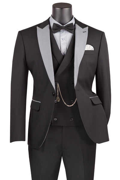 Men's Summer Slim Fit Peak Lapel Tuxedo Suit in Black