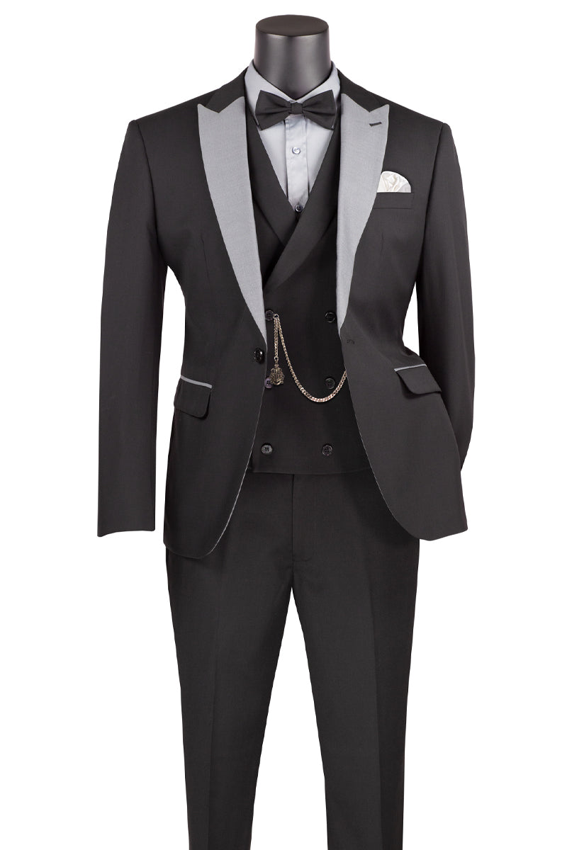 Men's Summer Slim Fit Peak Lapel Tuxedo Suit in Black