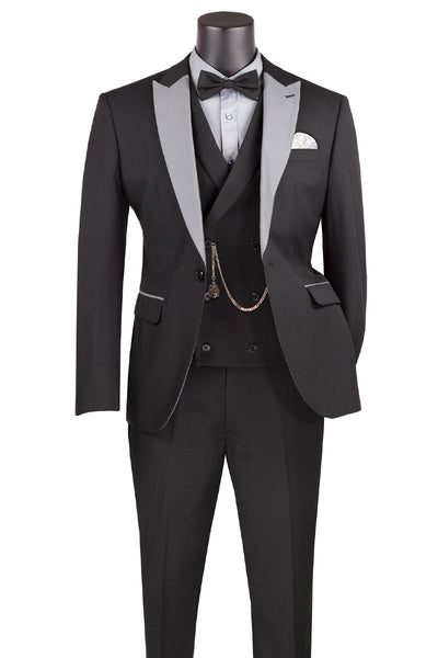 Men's Summer Slim Fit Peak Lapel Tuxedo Suit in Black