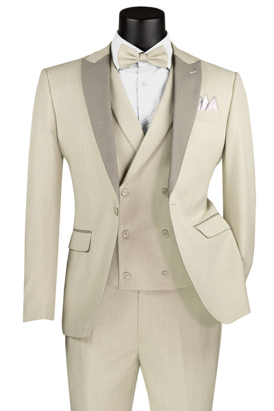 Men's Summer Slim Fit Peak Lapel Tuxedo Suit in Ecru Tan