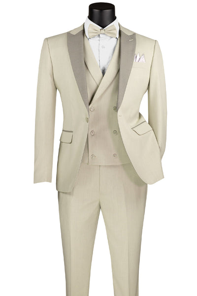 Men's Summer Slim Fit Peak Lapel Tuxedo Suit in Ecru Tan