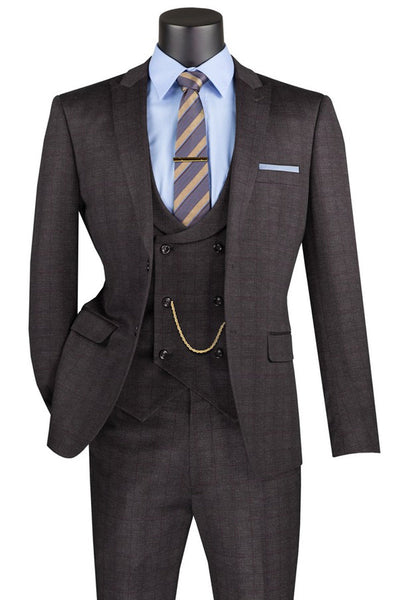 Men's Two Button Vintage Style Slim Fit Vested Plaid Suit in Black