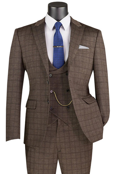 Men's Two Button Vintage Style Slim Fit Vested Plaid Suit in Brown