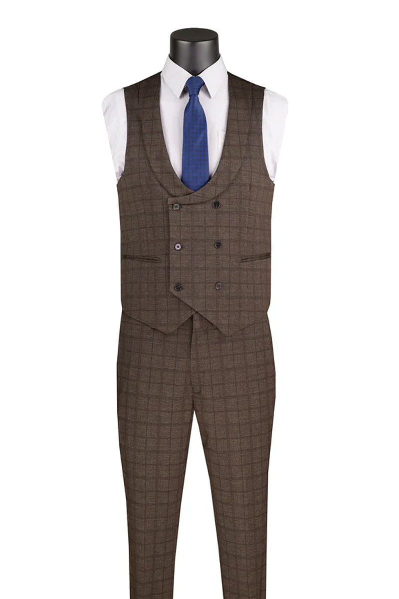 Men's Two Button Vintage Style Slim Fit Vested Plaid Suit in Brown