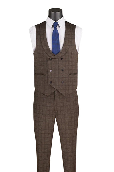 Men's Two Button Vintage Style Slim Fit Vested Plaid Suit in Brown