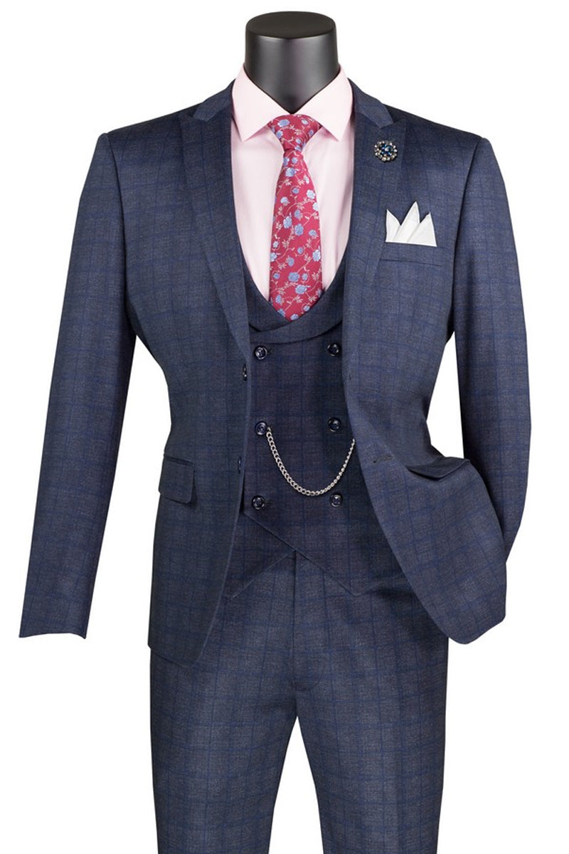 Men's Two Button Vintage Style Slim Fit Vested Plaid Suit in Navy Blue