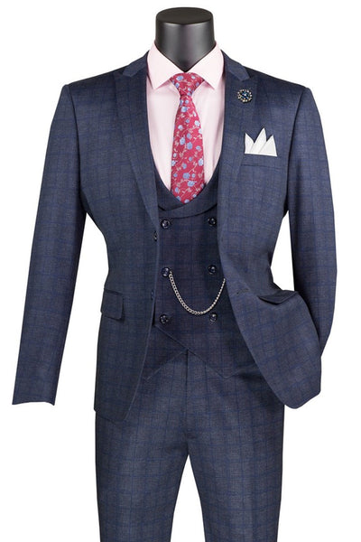 Men's Two Button Vintage Style Slim Fit Vested Plaid Suit in Navy Blue