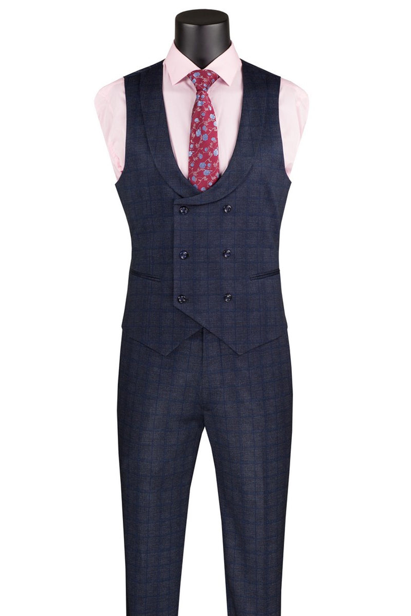 Men's Two Button Vintage Style Slim Fit Vested Plaid Suit in Navy Blue