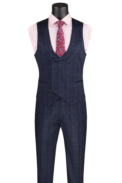 Men's Two Button Vintage Style Slim Fit Vested Plaid Suit in Navy Blue