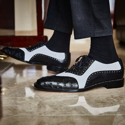 Men's Belvedere Sesto Italian Calf & Ostrich Quill Wingtip Dress Shoe in Black & White
