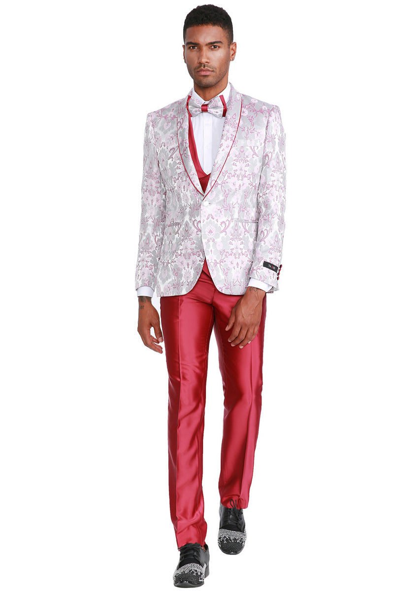 Men's One Button Vested Floral Print Prom & Wedding Tuxedo with Satin Vest and Pants in Pink