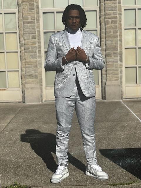 Men's Slim Fit Shiny Paisley Prom Wedding Suit in Silver Grey