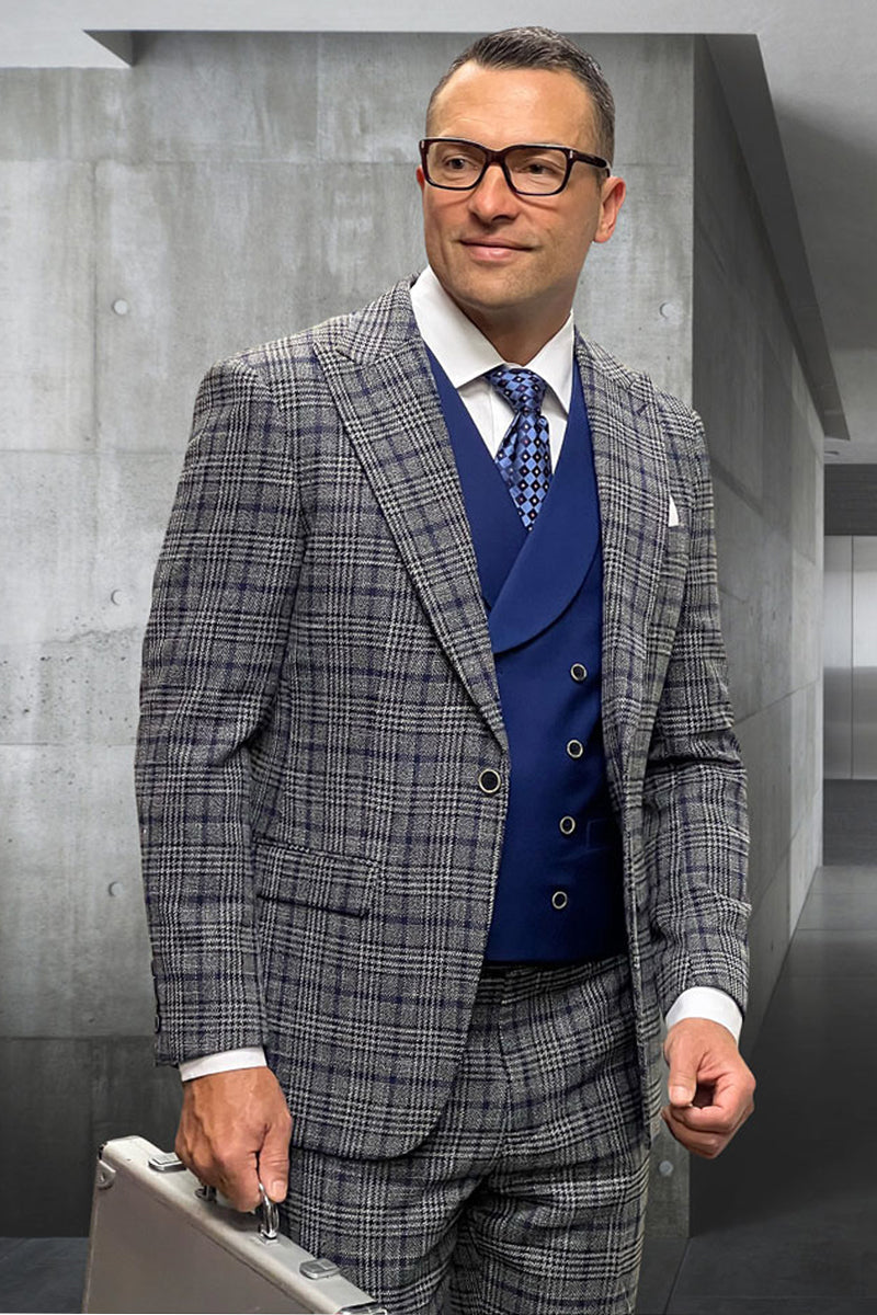 Men's Designer Wool Vested Suit in Grey Glenplaid 