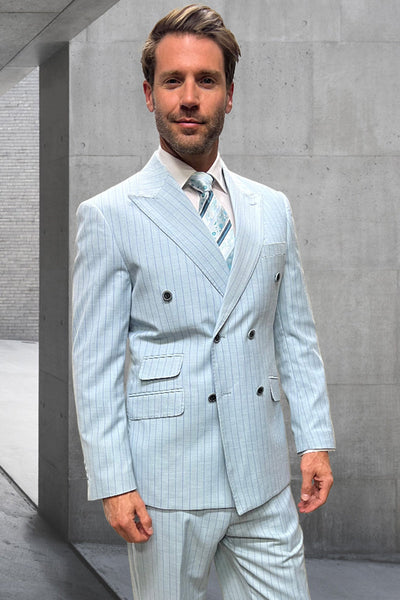 Men's Designer Double Breasted Summer Wool Suit in Light Aqua Blue Pinstripe