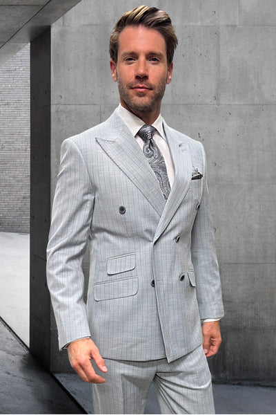 Men's Designer Double Breasted Summer Wool Suit in Light Grey Pinstripe