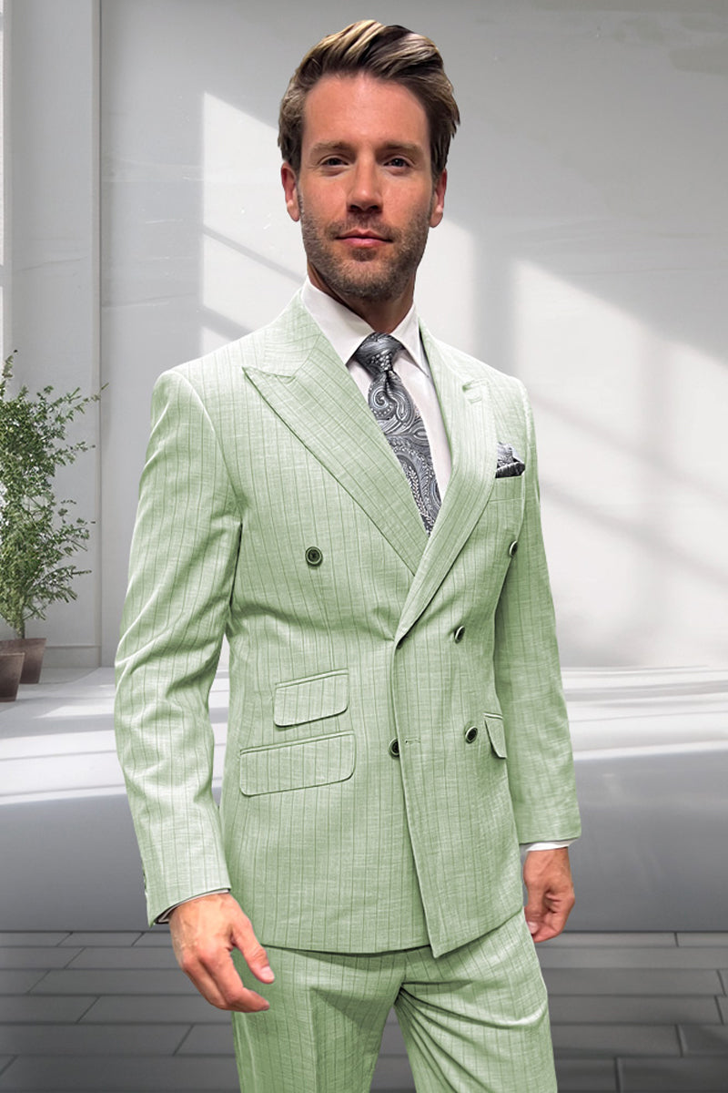 Men's Designer Double Breasted Summer Wool Suit in Mint Green Pinstripe
