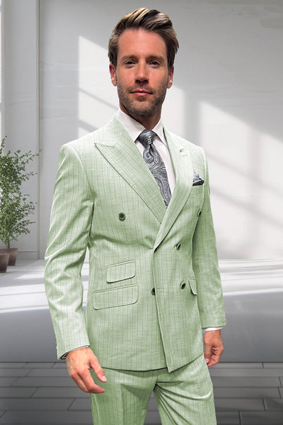 Men's Designer Double Breasted Summer Wool Suit in Mint Green Pinstripe