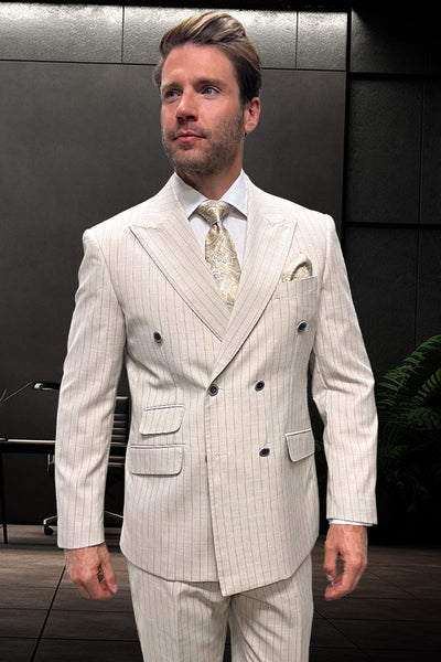 Men's Designer Double Breasted Summer Wool Suit in Tan Pinstripe