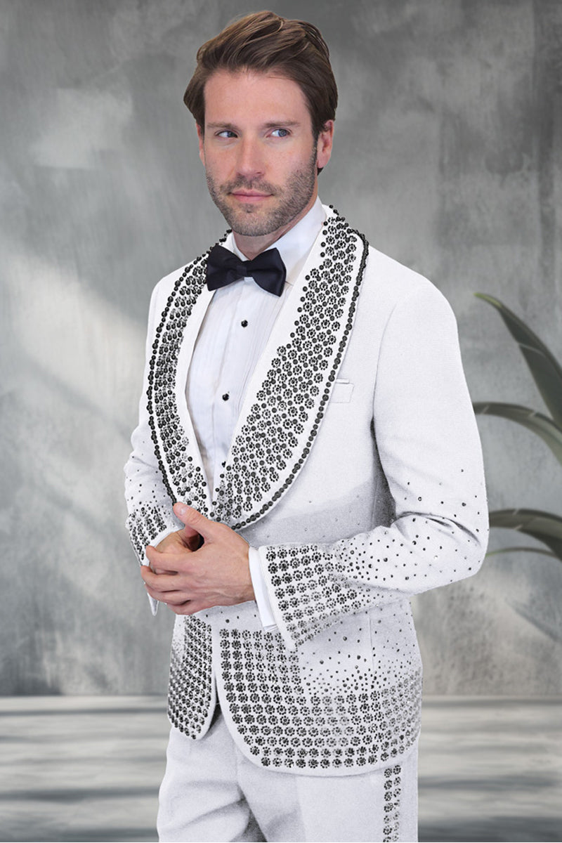 Men's Designer Black Flower Rhinestone Studded Prom & Wedding Tuxedo in White