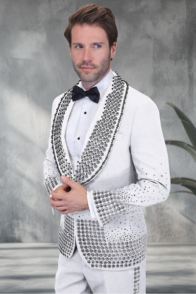 Men's Designer Black Flower Rhinestone Studded Prom & Wedding Tuxedo in White
