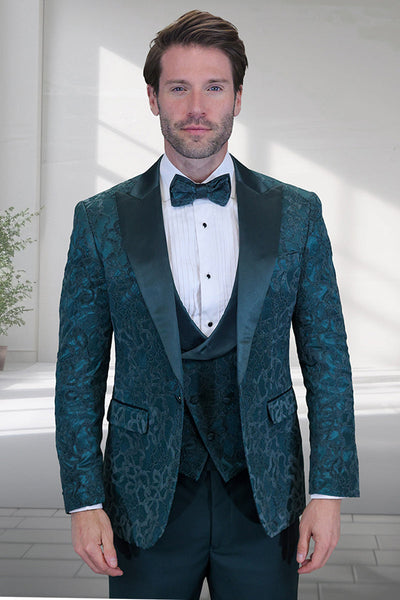 Men's Designer Vested Tonal Paisley Wedding & Prom Tuxedo in Hunter Green