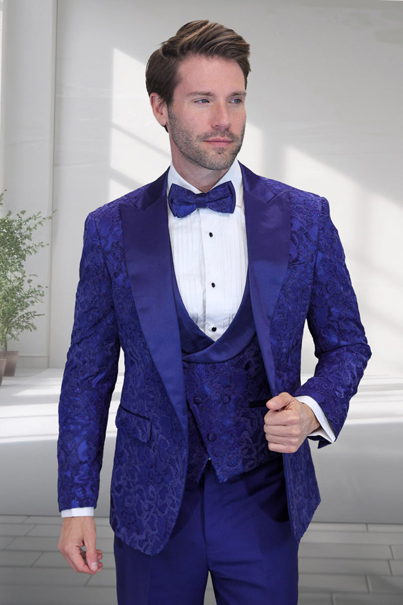 Men's Designer Vested Tonal Paisley Wedding & Prom Tuxedo in Sapphire Blue
