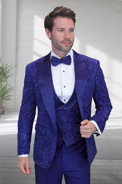 Men's Designer Vested Tonal Paisley Wedding & Prom Tuxedo in Sapphire Blue