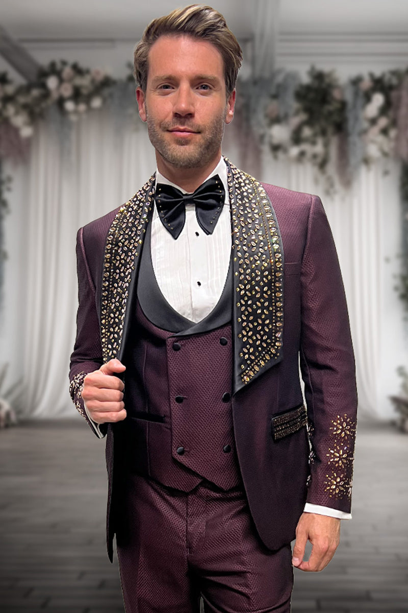 Men's Designer Vested Wool Studded Shawl Lapel Prom & Wedding Tuxedo in Burgundy
