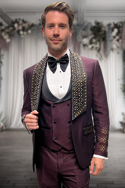 Men's Designer Vested Wool Studded Shawl Lapel Prom & Wedding Tuxedo in Burgundy