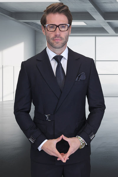 Men's Designer Double Breasted Wool Suit with Buckle Closure in Black