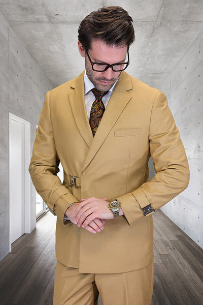 Men's Designer Double Breasted Wool Suit with Buckle Closure in Camel