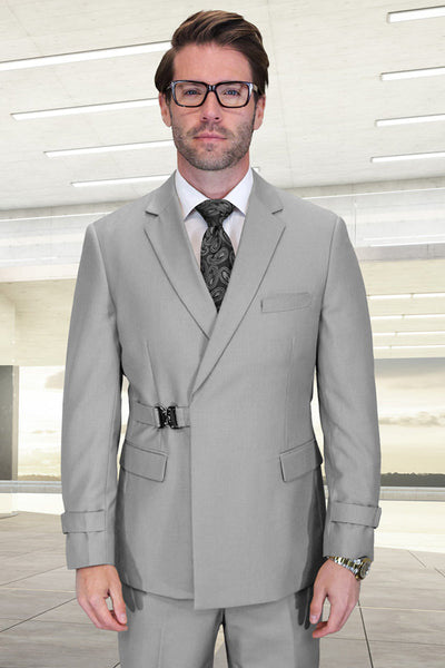 Men's Designer Double Breasted Wool Suit with Buckle Closure in Light Grey