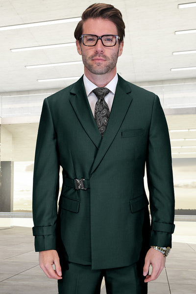 Men's Designer Double Breasted Wool Suit with Buckle Closure in Hunter Green