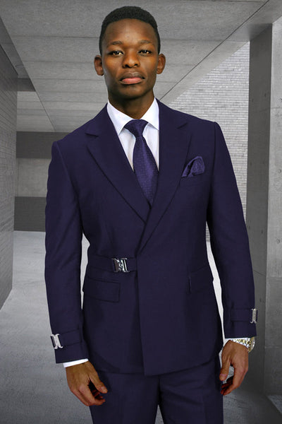 Men's Designer Double Breasted Wool Suit with Buckle Closure in Navy Blue