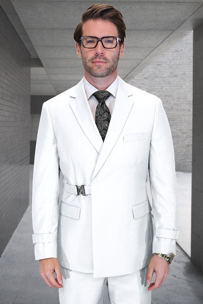 Men's Designer Double Breasted Wool Suit with Buckle Closure in White