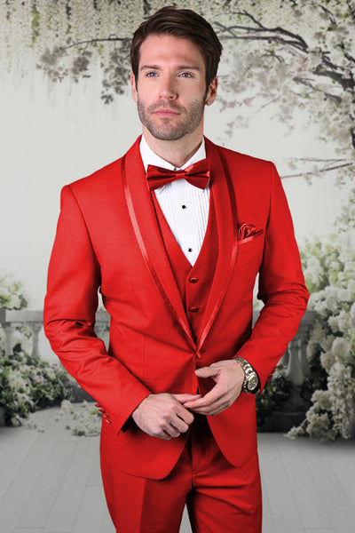 Men's Vested Satin Trim Shawl Wedding & Prom Tuxedo in Red