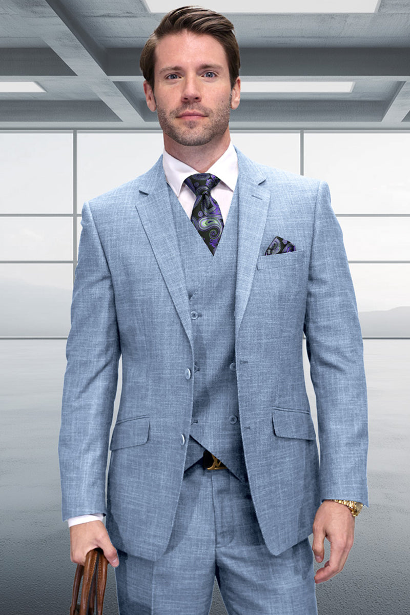 Men's Designer Summer Sharkskin Wool Suit with Double Breated Vest in Light Blue